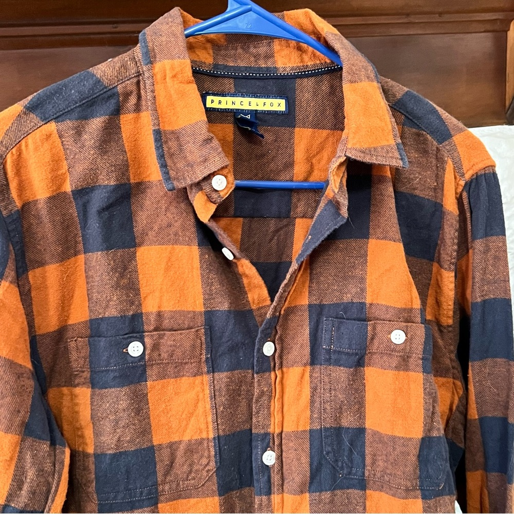Prince & Fox Men’s Orange and Black Checkered Flannel Shirt Size Medium
